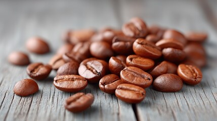 Macro Shot of Roasted Coffee Beans on Dark Wooden Table