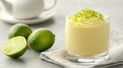 A creamy dessert topped with lime zest, accompanied by fresh limes. Perfect for a refreshing treat.