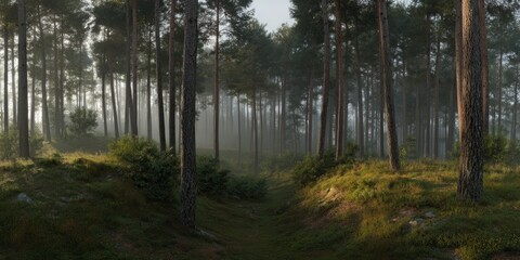 Fototapeta premium Misty forest exploration nature hdr panorama serene environment early morning