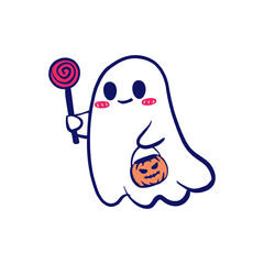 Cute ghost holding lollipop trick or treat Halloween illustration