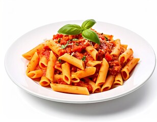 Delicious Penne Pasta with Tomato Sauce and Basil on White Plate.