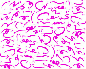 Pink hand-drawn doodle arrows in various curved and zigzag styles on white background, abstract sketch collection symbolizing direction, motion, and creativity.
