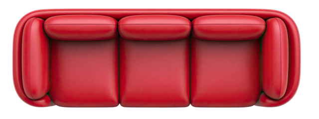 Overhead view of a three-seater red sofa with rounded armrests and three cushioned backrests