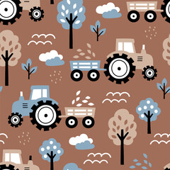 Seamless vector pattern with hand drawn cute tractors. Perfect for textile, wallpaper or nursery print design. EPS10 vector file.