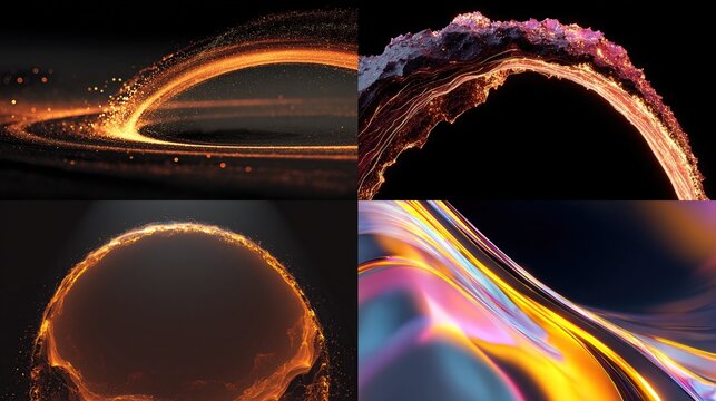 Abstract fluid simulations of golden, liquid, and iridescent rings and spheres.