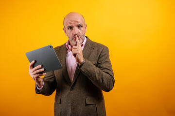 Man holding tablet and making silence gesture with finger