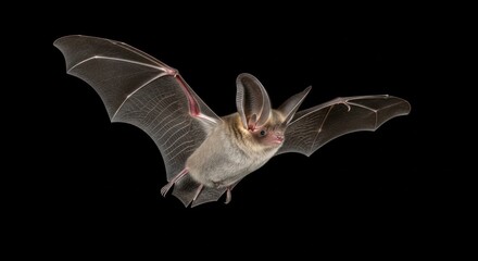 Fototapeta premium Captivating image showcases a bat in flight, its wings extended against a deep black background, presenting the mammal's unique form with detailed textures and highlighting its ears.