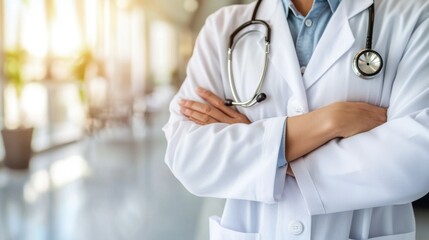 Professional doctor in white coat with stethoscope, arms crossed