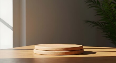 Wooden round podium under window light