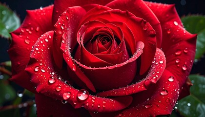 Close-up of a vibrant red rose with dew drops
