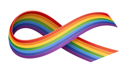A rainbow ribbon looped and twisted against a black background symbolizing lgbtqia+ pride and support
