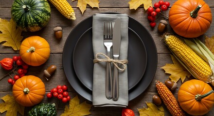 Elegant dark plate and silverware centered among natural fall holiday decorations on a textured wooden background