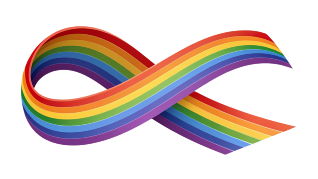 A rainbow ribbon looped and twisted against a black background symbolizing lgbtqia+ pride and support