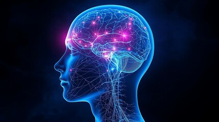 Illuminated Human Brain With Neural Network Connections Representing Artificial Intelligence Development