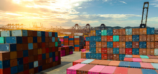 Container logistic. Logistics and transportation of container cargo ship at ship port. Container truck and crane bridge in shipyard. Transport industry. Terminal port for export transport by ship.