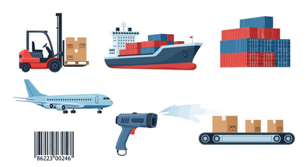 Logistics and Transportation Icons A comprehensive set of illustrations showing cargo ships, planes, forklifts, and package tracking for global delivery and supply chain solutions