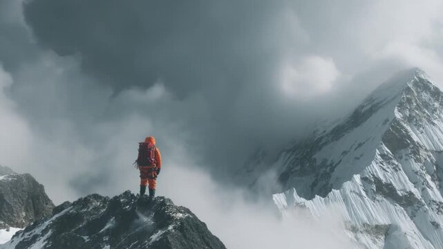 Mountain Conqueror: An adventurer stands atop a rugged peak, silhouetted against a dramatic sky, capturing the spirit of exploration and the thrill of conquering challenges.