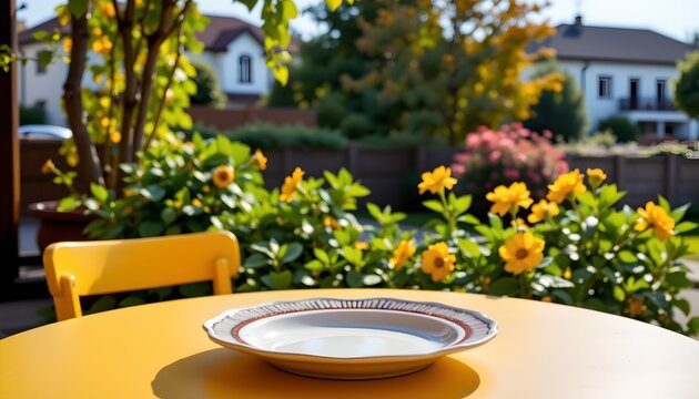 An outdoor dining setup at an establishment with a vibrant ambiance, featuring a wooden table surrounded by lush greenery.