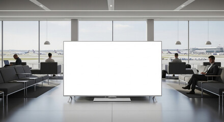 Minimalist airport business lounge with huge empty television display overlooking the runway