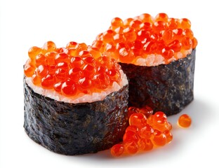 Close-up of two sushi rolls topped with bright orange fish roe on a