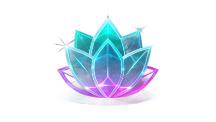 A glowing lotus flower with teal and purple petals on a black background with sparkles and reflection