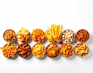 Variety of Savory Snacks in Bowls on White Background.