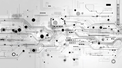 A futuristic black and white abstract image depicts a complex technological circuit board with intricate lines and nodes representing data connectivity and advanced engineering