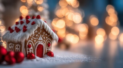 Gingerbread house decorated with red candies and snow on a festive table