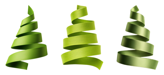 Three Christmas trees made from green ribbons isolated on transparent background