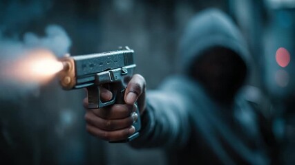 A person holding a handgun with muzzle flash