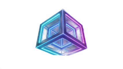 Neon cube structure with geometric lines in shades of blue and purple on a black background