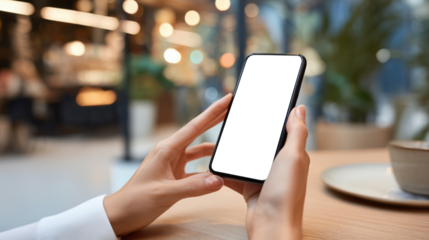 Hand holding blank smartphone screen in blurred cafe background