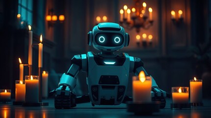 Robot meditating with candlelight room.