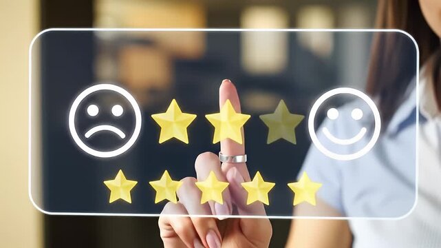 Woman using touchscreen to select four-star rating icon, customer feedback interface with smiley and sad face, rating scale, user experience, online satisfaction