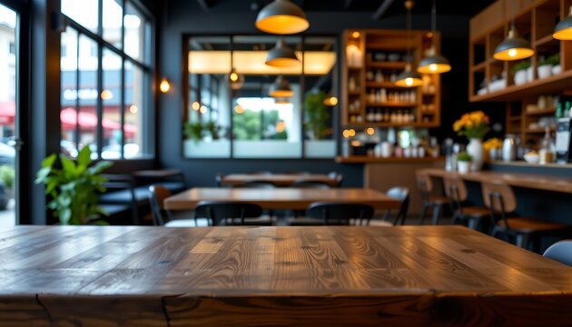 This is an interior view of a restaurant or cafe space. A long, rectangular wooden table stretches across the foreground, with several chairs positioned around it