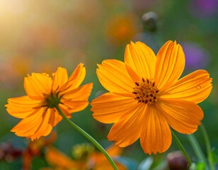 Two vibrant orange cosmos flowers in soft sunlight, blurred background