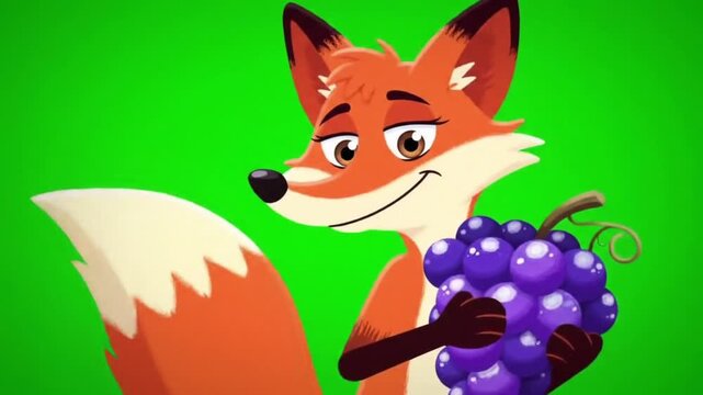 happy cartoon fox character holding fresh grapes