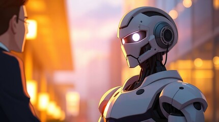 Robot meets businessman with city sunset.
