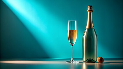 A bottle of champagne and a flute filled with bubbly liquid, with a cork nearby, set against a teal background with dramatic lighting
