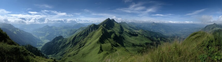 Naklejka premium Breathtaking hdr panoramic view of lush green mountains nature landscape scenic environment