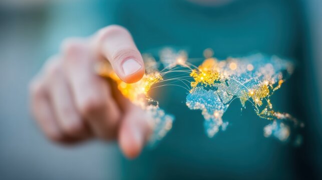 Touching a digital world map with glowing connections across continents