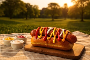 Casual outdoor hot dog scene with golden-hour warmth, ideal for summer campaigns or food delivery ads.