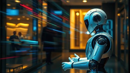 Futuristic Robot in Modern City.