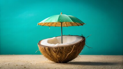 A halved coconut with a small green umbrella inside, resting on a sandy surface with a teal background, evoking a tropical vacation vibe