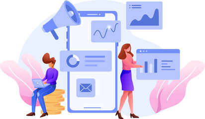Digital Marketing Illustration Depicting Business Professionals with Data Charts and Megaphone in Light Purple and White