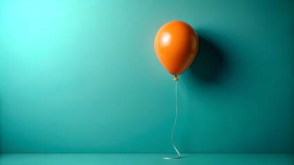 A single orange balloon floats against a teal wall, casting a subtle shadow, symbolizing celebration or uniqueness
