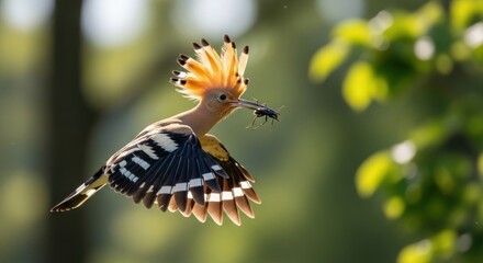 Exquisite hoopoe bird captured mid-flight, showcasing vibrant plumage and a distinctive crest while carrying insect prey, set against a blurred, natural backdrop of green foliage and dappled sunlight.