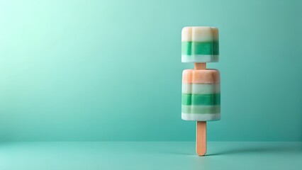 A stacked, colorful popsicle with layers of white, green, and orange stands upright on a wooden stick against a teal background