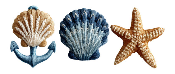 Obraz premium Embroidered Nautical Elements Including Seashell, Anchor, and Starfish Designs