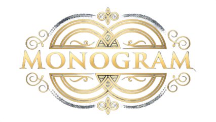 A golden monogram logo with ornate flourishes and decorative elements on a black background design art